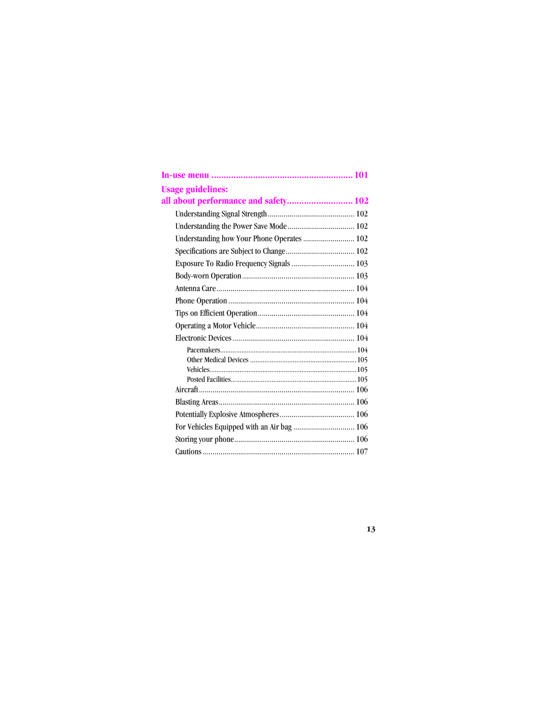 Samsung SPH-A540 manual In-use menu, All about performance and safety 