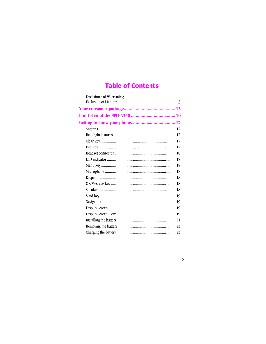 Samsung SPH-A540 manual Table of Contents 