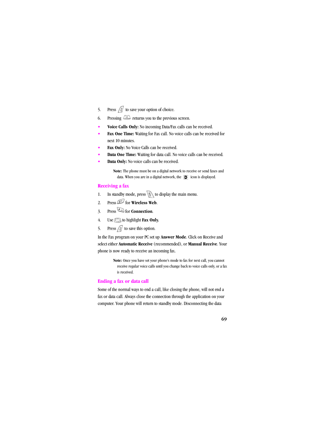 Samsung SPH-A540 manual Receiving a fax, Ending a fax or data call 