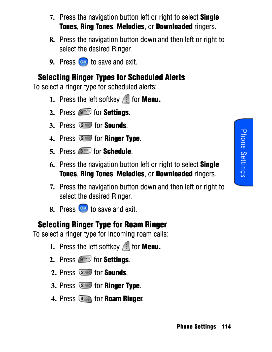Samsung SPH-a740 manual Selecting Ringer Types for Scheduled Alerts, Selecting Ringer Type for Roam Ringer, Phone Settings 