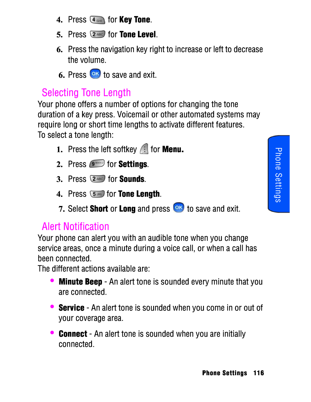 Samsung SPH-a740 manual Selecting Tone Length, Alert Notification, Phone Settings 