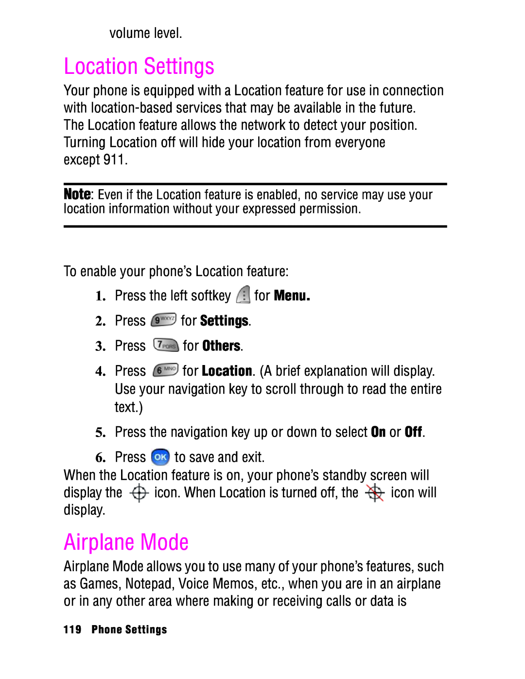 Samsung SPH-a740 manual Location Settings, Airplane Mode, Phone Settings 