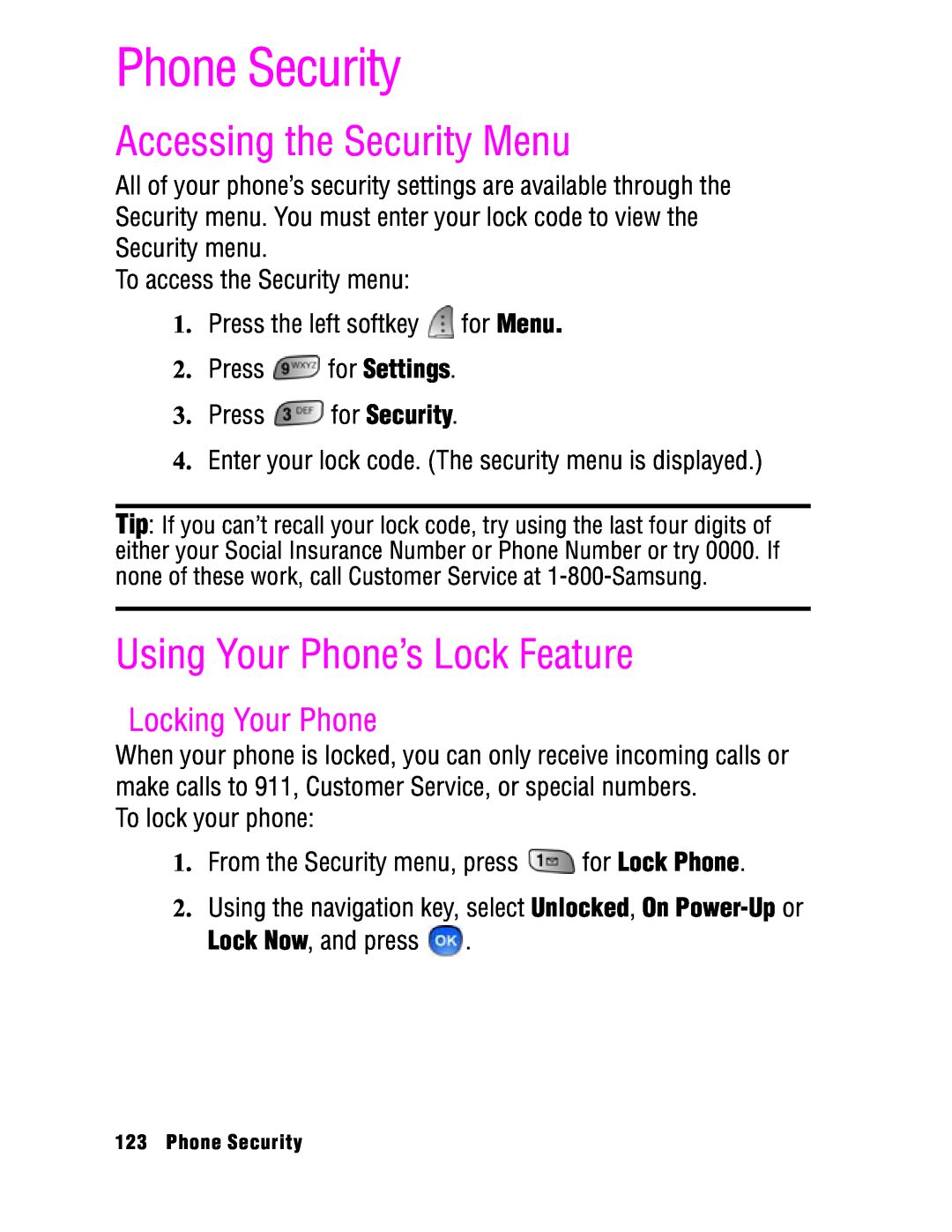 Samsung SPH-a740 manual Phone Security, Accessing the Security Menu, Using Your Phone’s Lock Feature, Locking Your Phone 