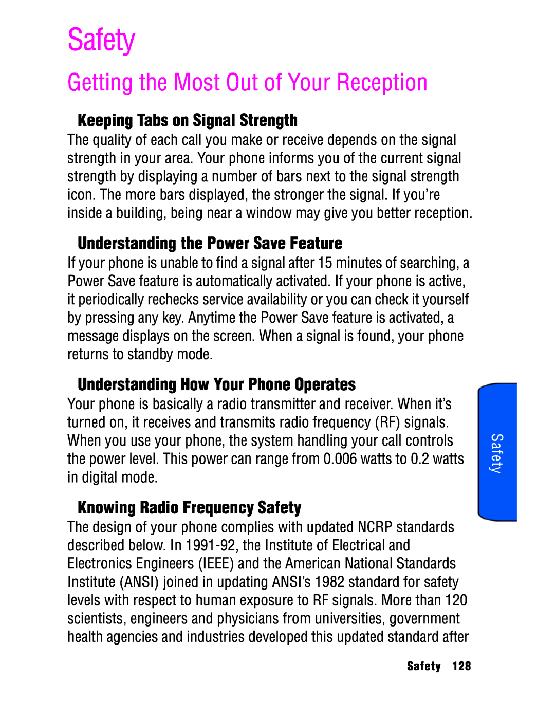 Samsung SPH-a740 manual Safety, Getting the Most Out of Your Reception, Keeping Tabs on Signal Strength 