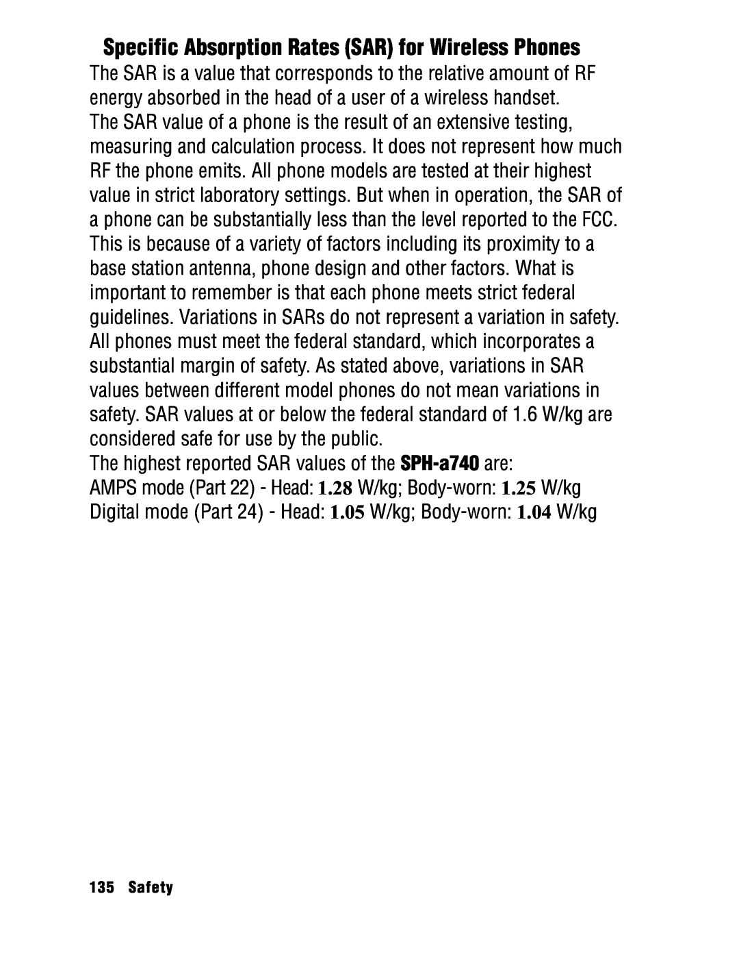 Samsung manual Specific Absorption Rates SAR for Wireless Phones, The highest reported SAR values of the SPH-a740 are 