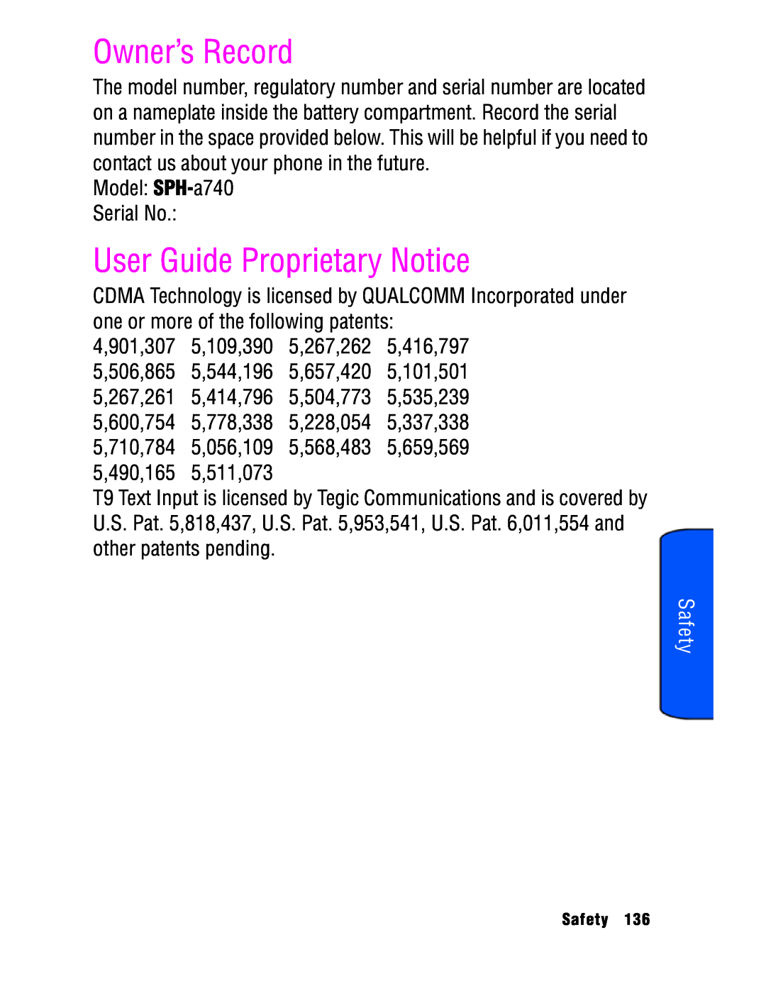 Samsung SPH-a740 manual Owner’s Record, User Guide Proprietary Notice, Safety 