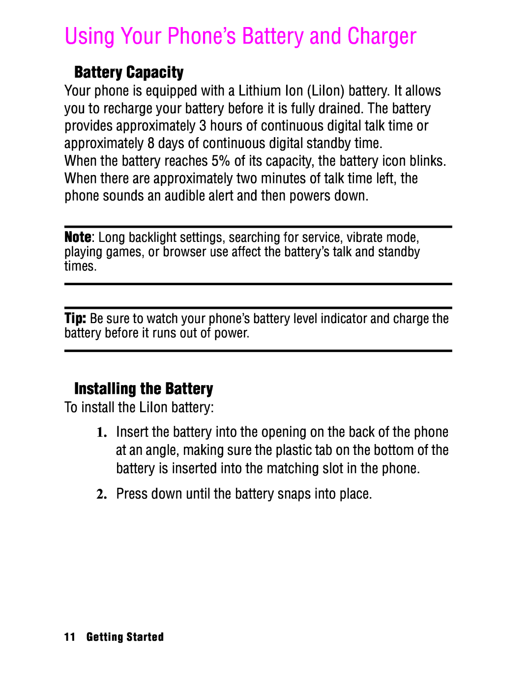 Samsung SPH-a740 manual Using Your Phone’s Battery and Charger, Battery Capacity, Installing the Battery 