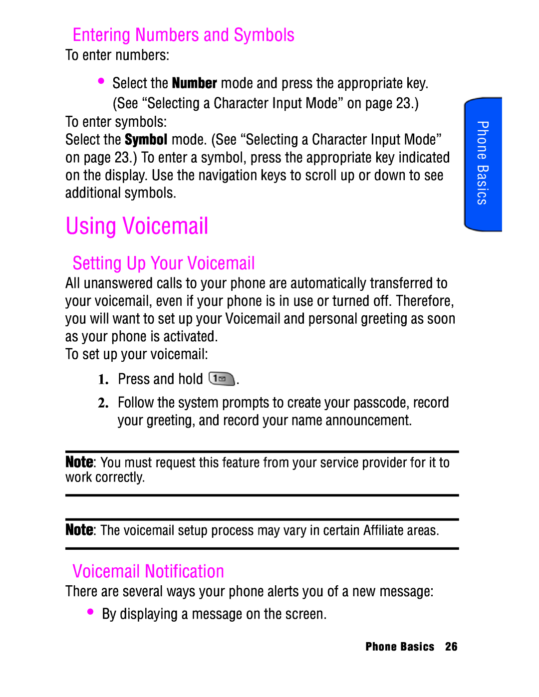 Samsung SPH-a740 manual Using Voicemail, Entering Numbers and Symbols, Setting Up Your Voicemail, Voicemail Notification 
