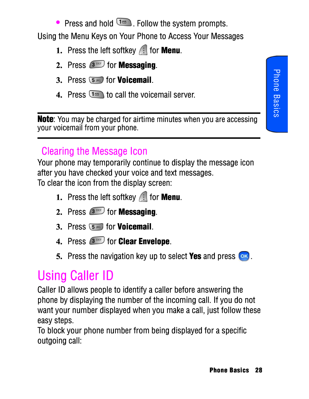 Samsung SPH-a740 manual Using Caller ID, Clearing the Message Icon, Press for Clear Envelope, Phone Basics 