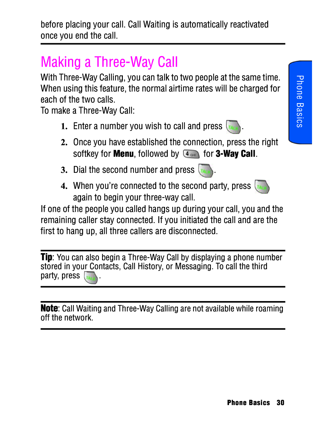 Samsung SPH-a740 manual Making a Three-Way Call, Phone Basics 