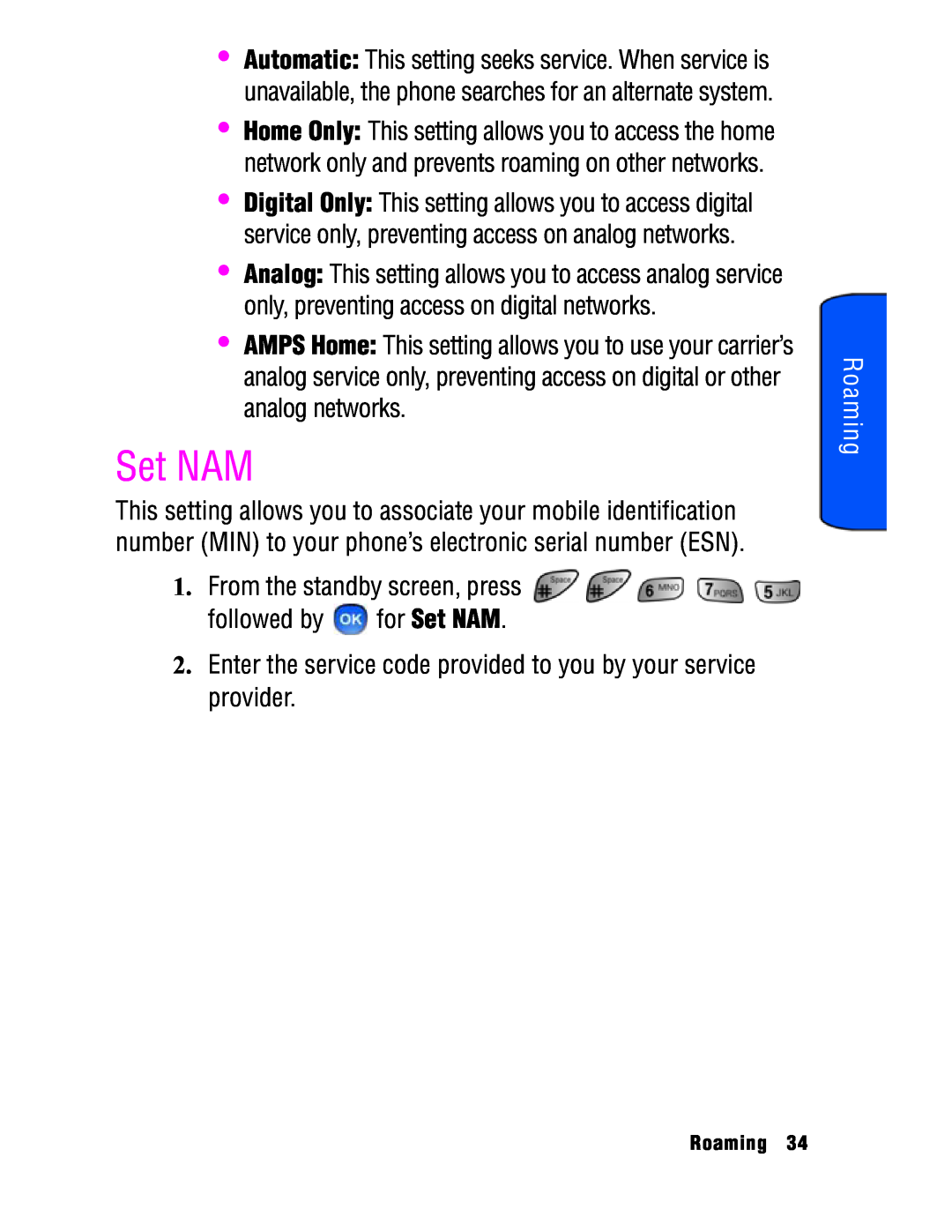 Samsung SPH-a740 manual Set NAM, Roaming 