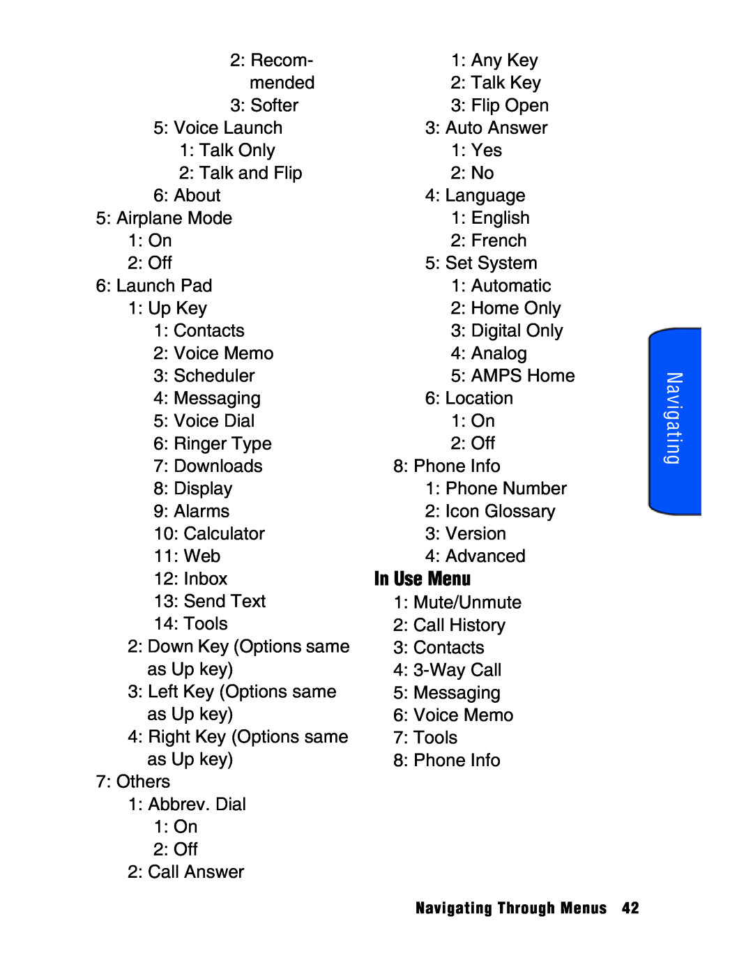 Samsung SPH-a740 manual Navigating, In Use Menu, AMPS Home 