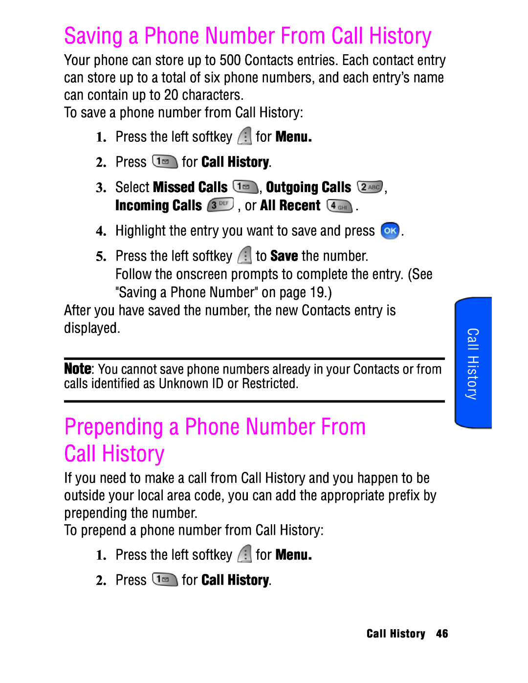 Samsung SPH-a740 manual Prepending a Phone Number From Call History, Select Missed Calls , Outgoing Calls 