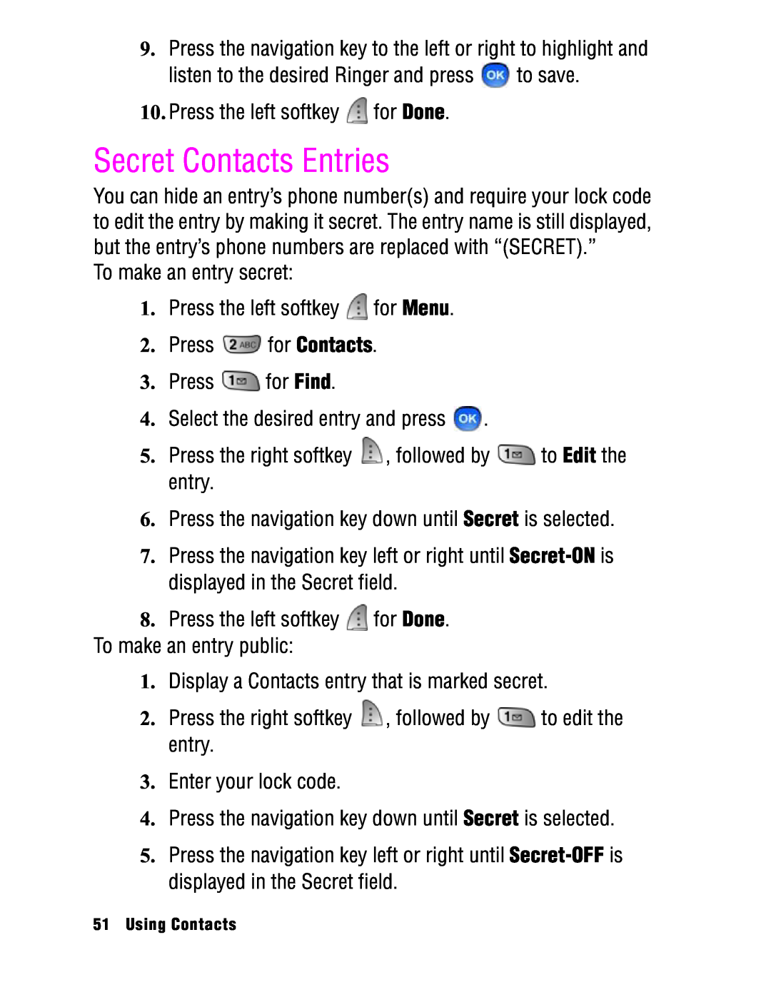 Samsung SPH-a740 manual Secret Contacts Entries, Using Contacts 
