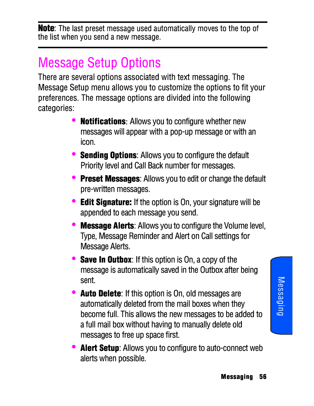Samsung SPH-a740 manual Message Setup Options, Messaging 
