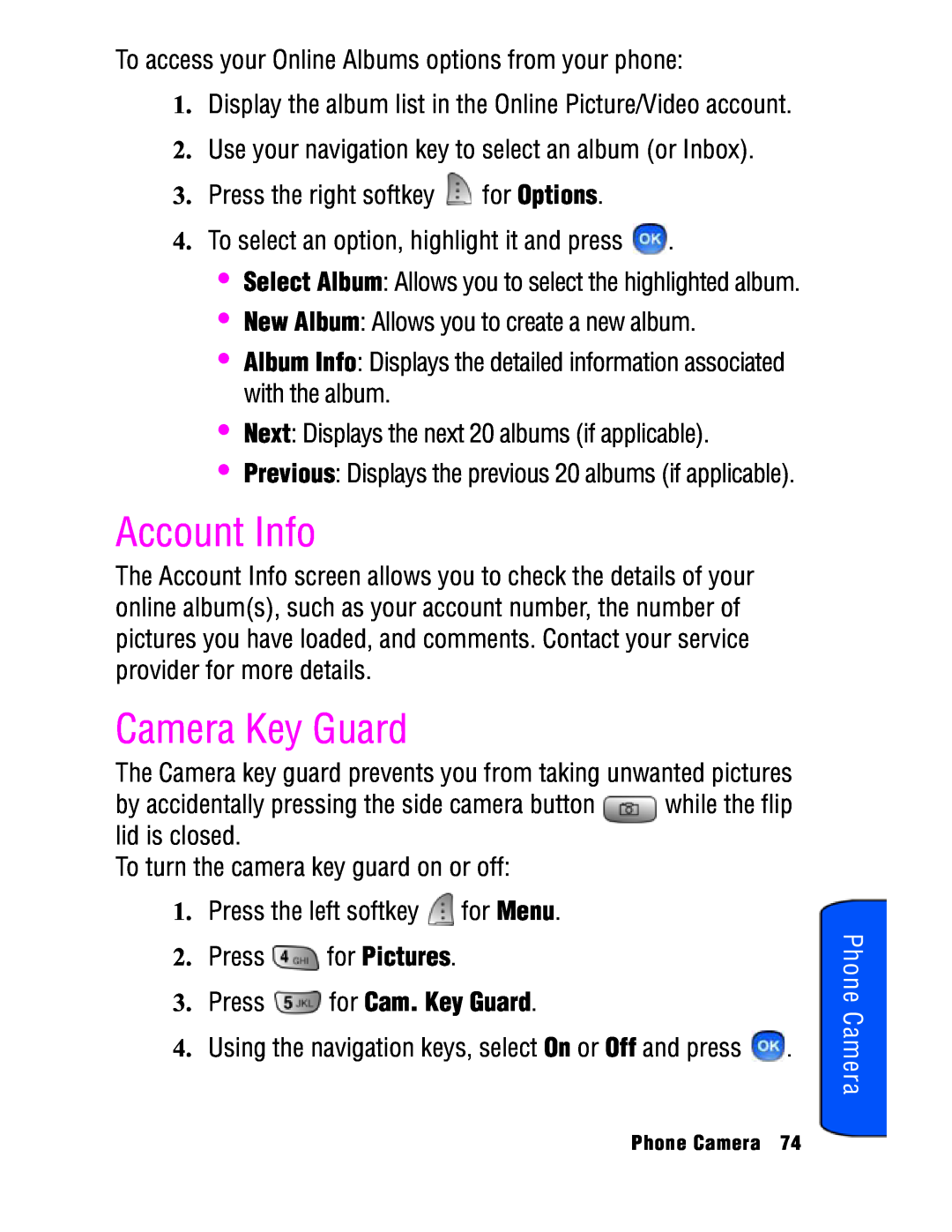 Samsung SPH-a740 manual Account Info, Camera Key Guard, Press for Cam. Key Guard, Phone Camera 
