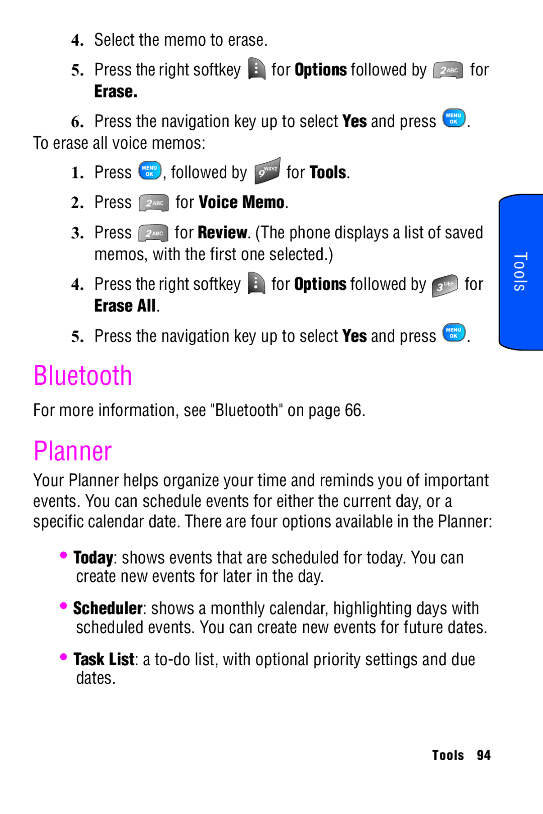 Samsung SPH-A920 manual Planner, Select the memo to erase, Erase, For more information, see Bluetooth on 