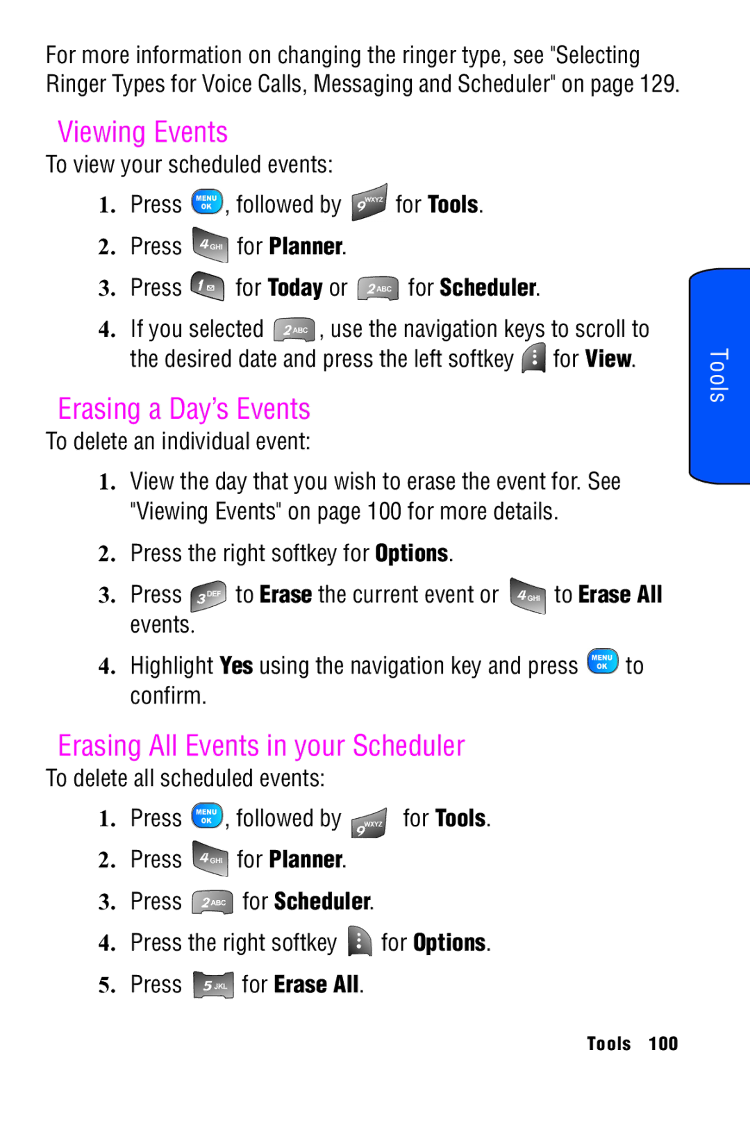 Samsung SPH-A920 manual Viewing Events, Erasing a Day’s Events, Erasing All Events in your Scheduler 