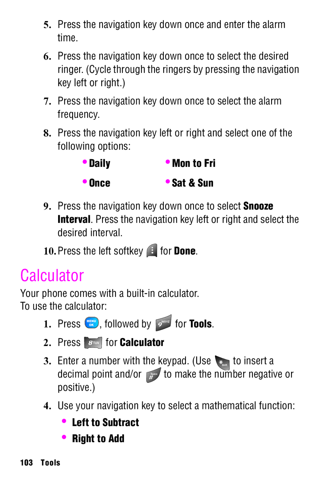 Samsung SPH-A920 manual Calculator, Daily, Once, Left to Subtract Right to Add 