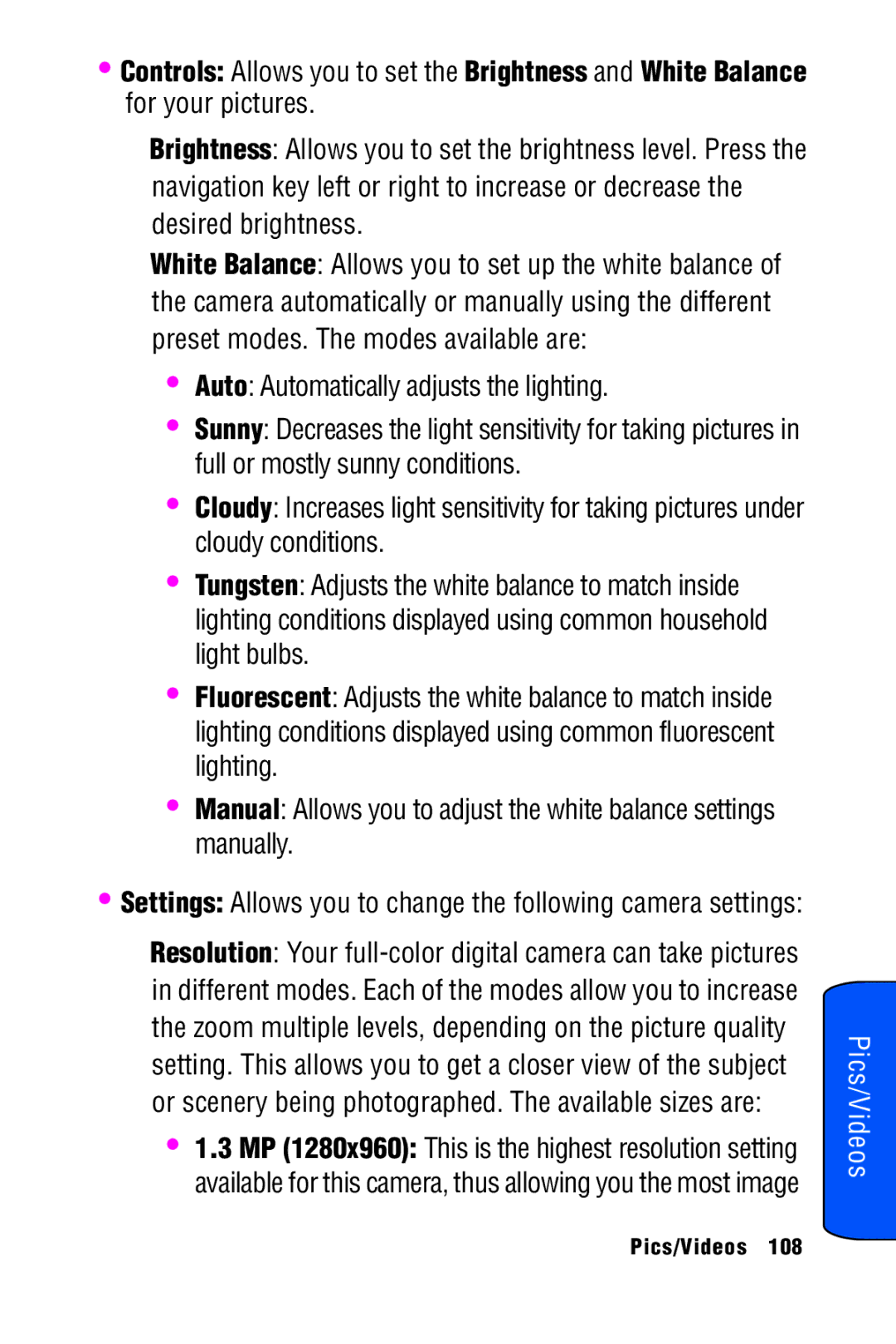 Samsung SPH-A920 manual Settings Allows you to change the following camera settings 