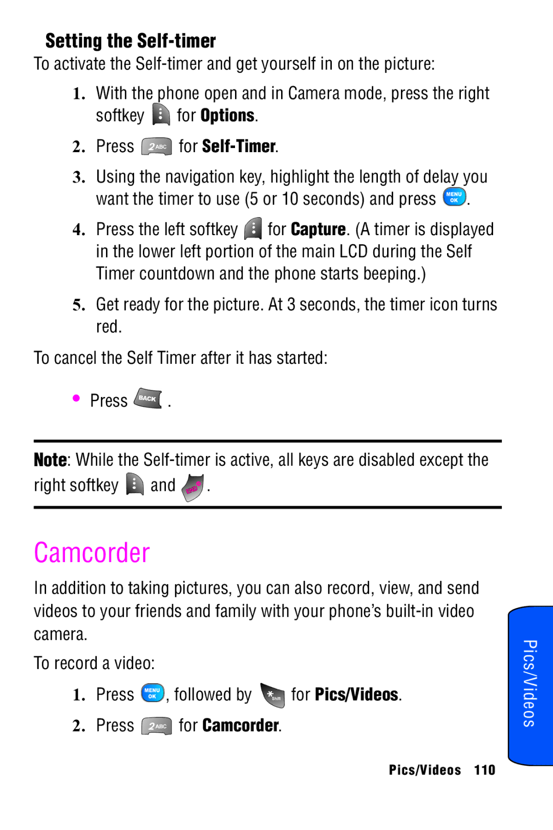 Samsung SPH-A920 manual Camcorder, Setting the Self-timer, Softkey for Options Press for Self-Timer 