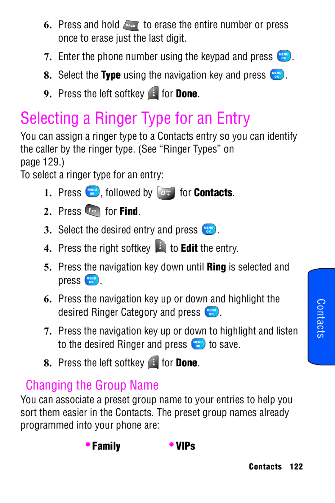 Samsung SPH-A920 manual Selecting a Ringer Type for an Entry, Changing the Group Name, Family 