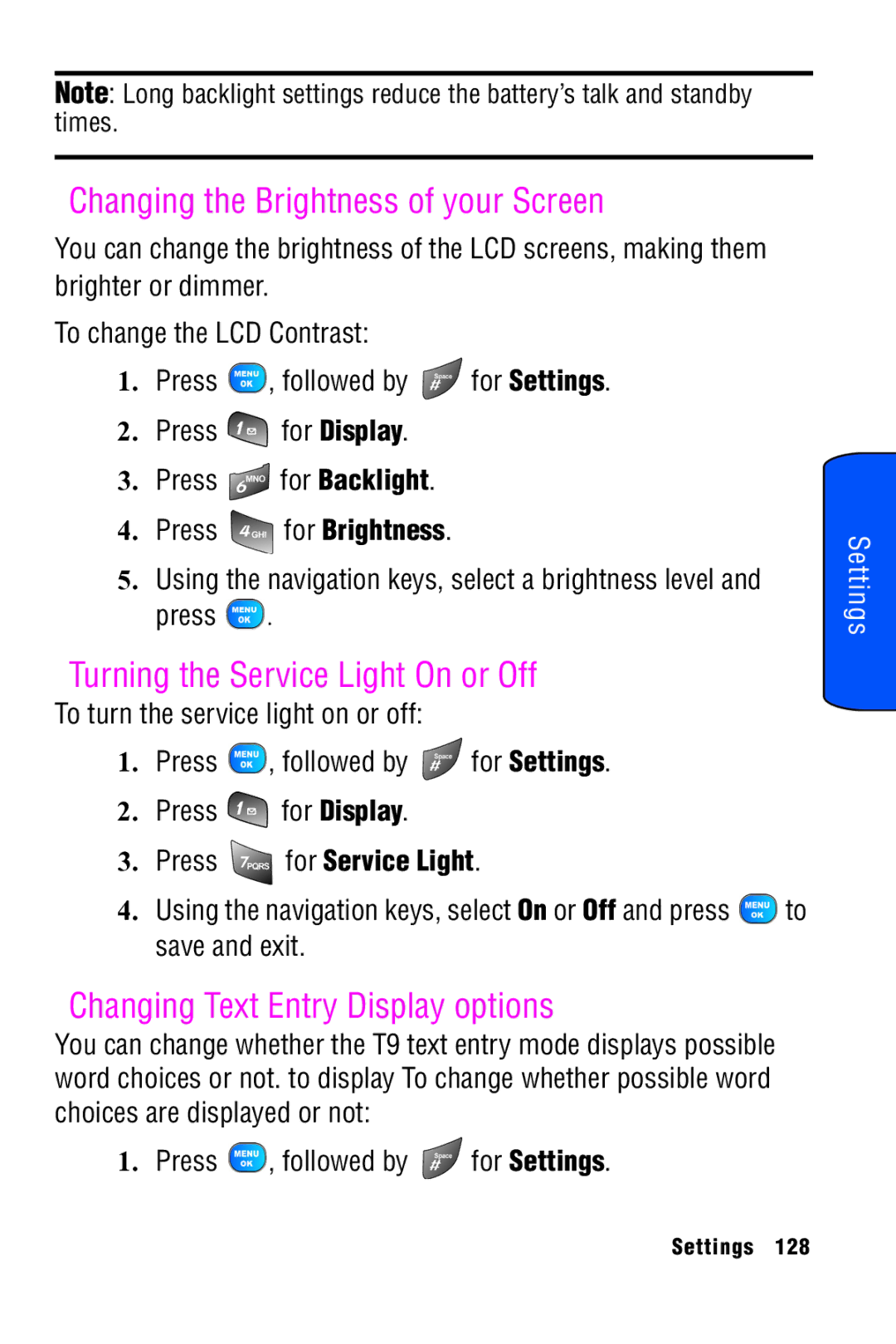 Samsung SPH-A920 Changing the Brightness of your Screen, Turning the Service Light On or Off, Press for Service Light 