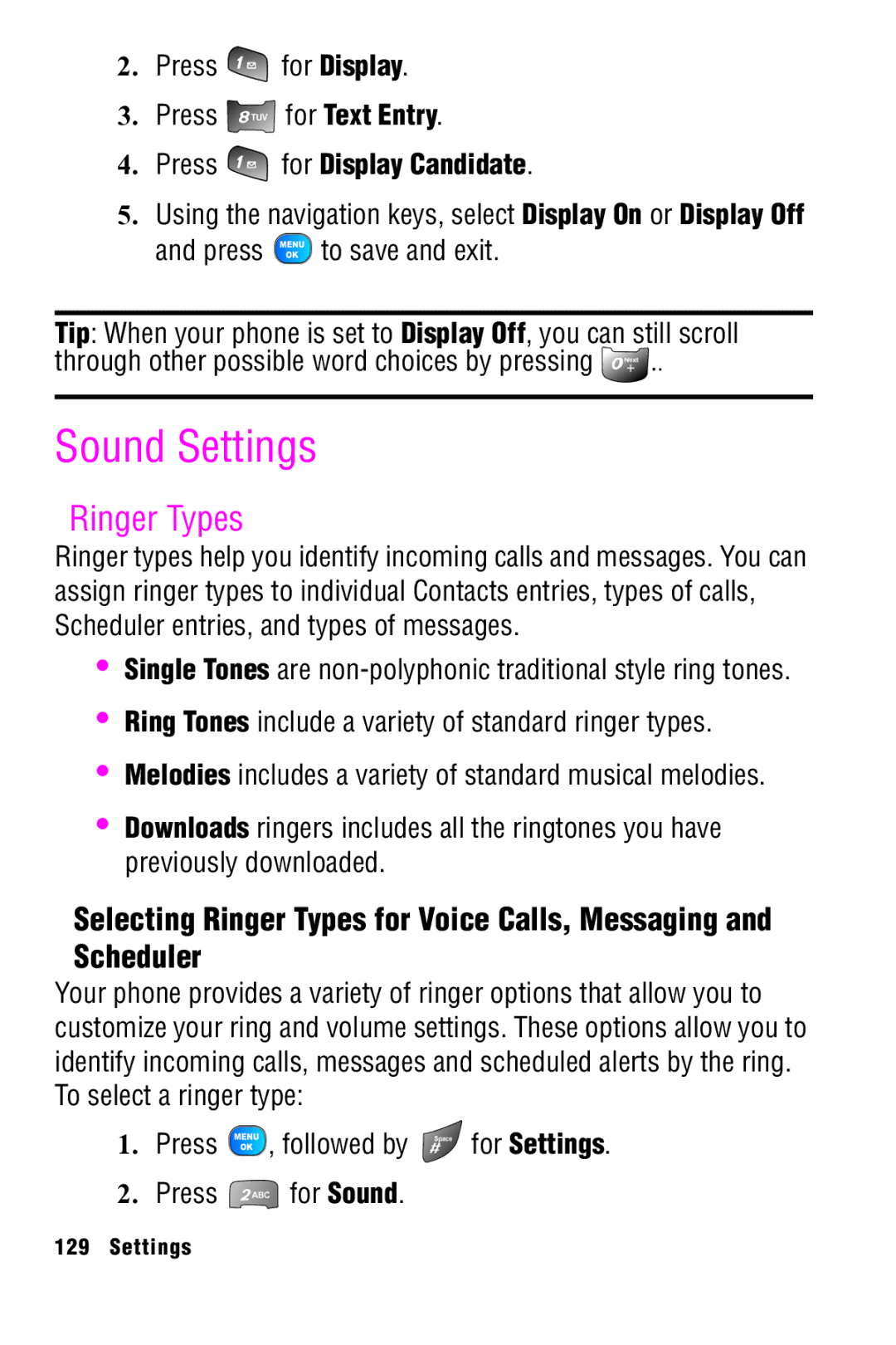 Samsung SPH-A920 manual Sound Settings, Ringer Types, Press for Display Press for Text Entry, Press for Display Candidate 