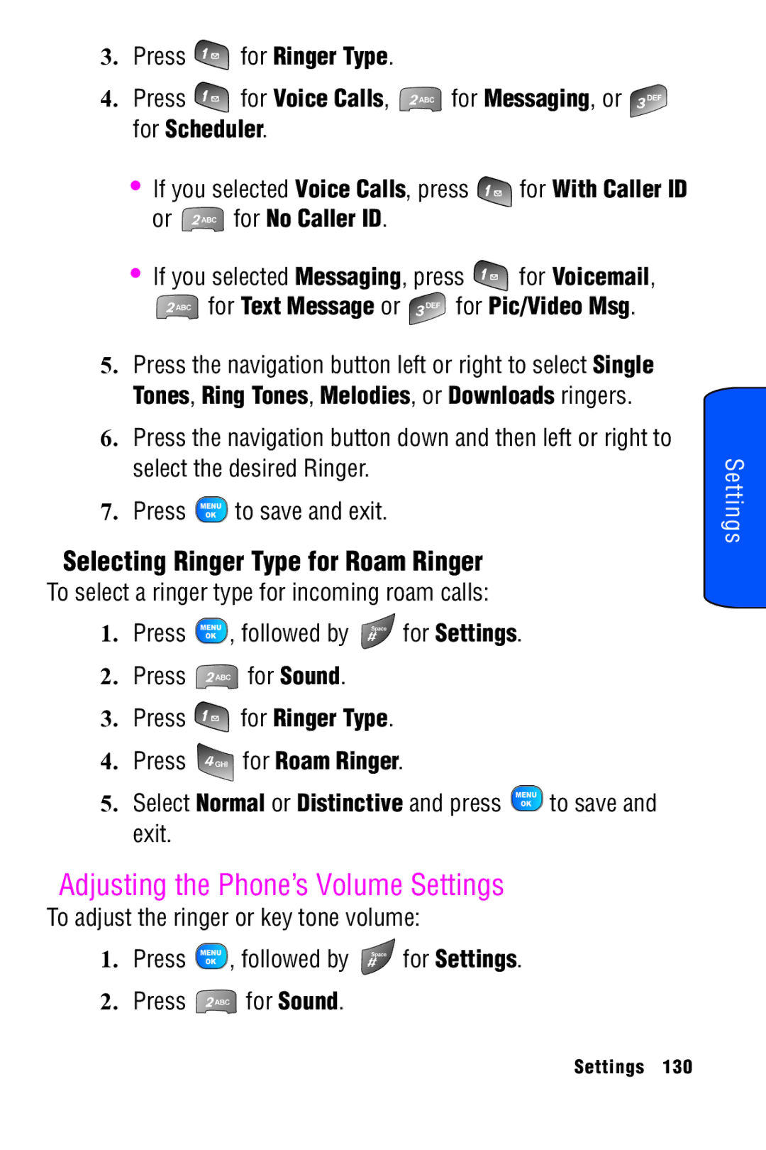 Samsung SPH-A920 manual Adjusting the Phone’s Volume Settings, Selecting Ringer Type for Roam Ringer, Or for No Caller ID 