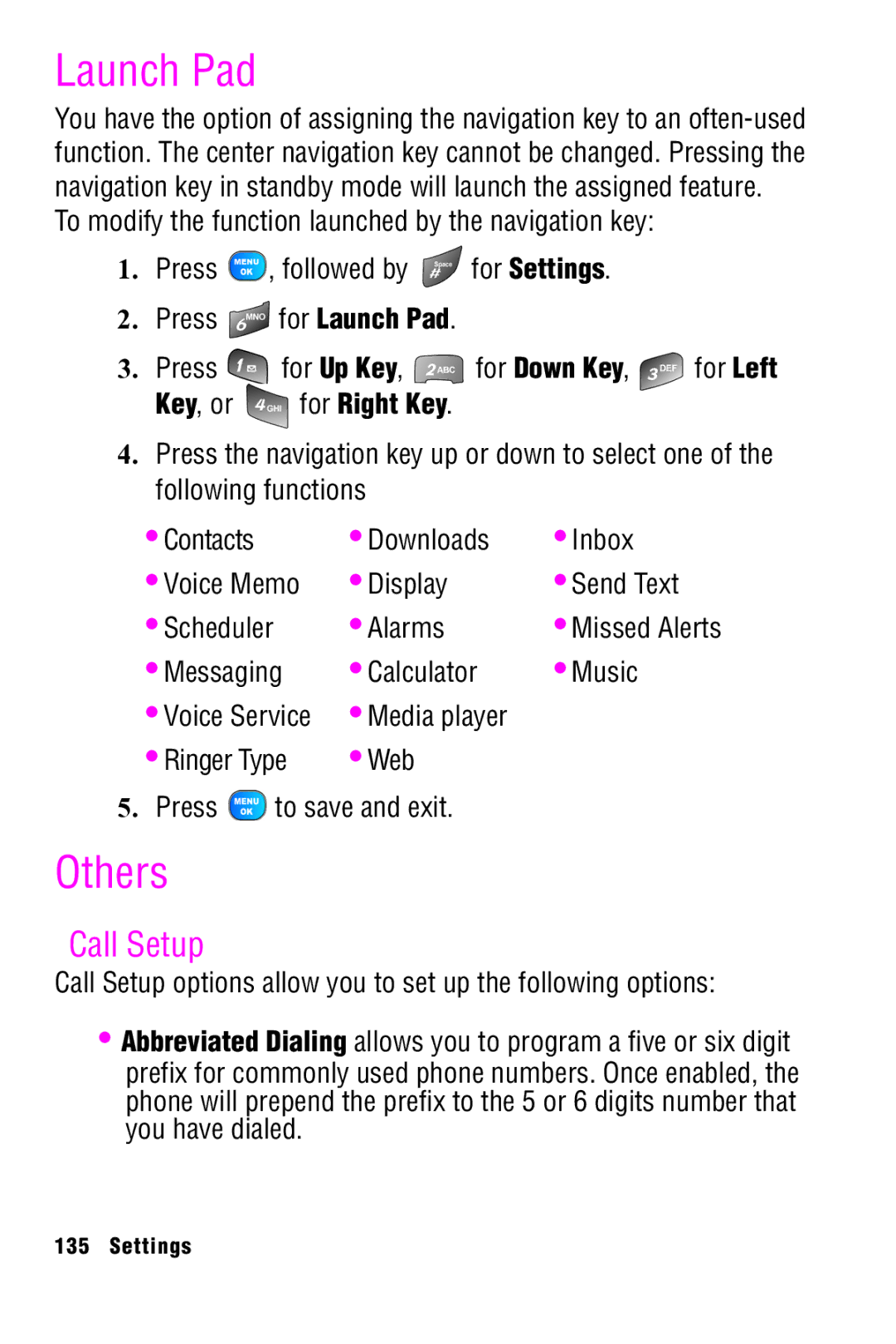 Samsung SPH-A920 manual Launch Pad, Others, Call Setup, Key, or for Right Key 