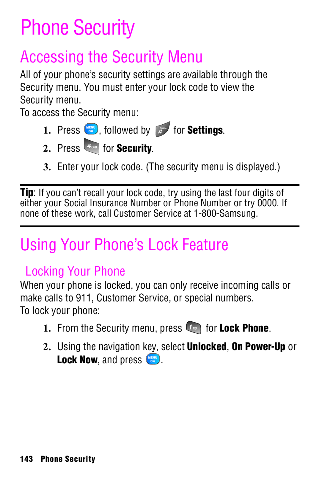 Samsung SPH-A920 manual Phone Security, Accessing the Security Menu, Using Your Phone’s Lock Feature, Locking Your Phone 