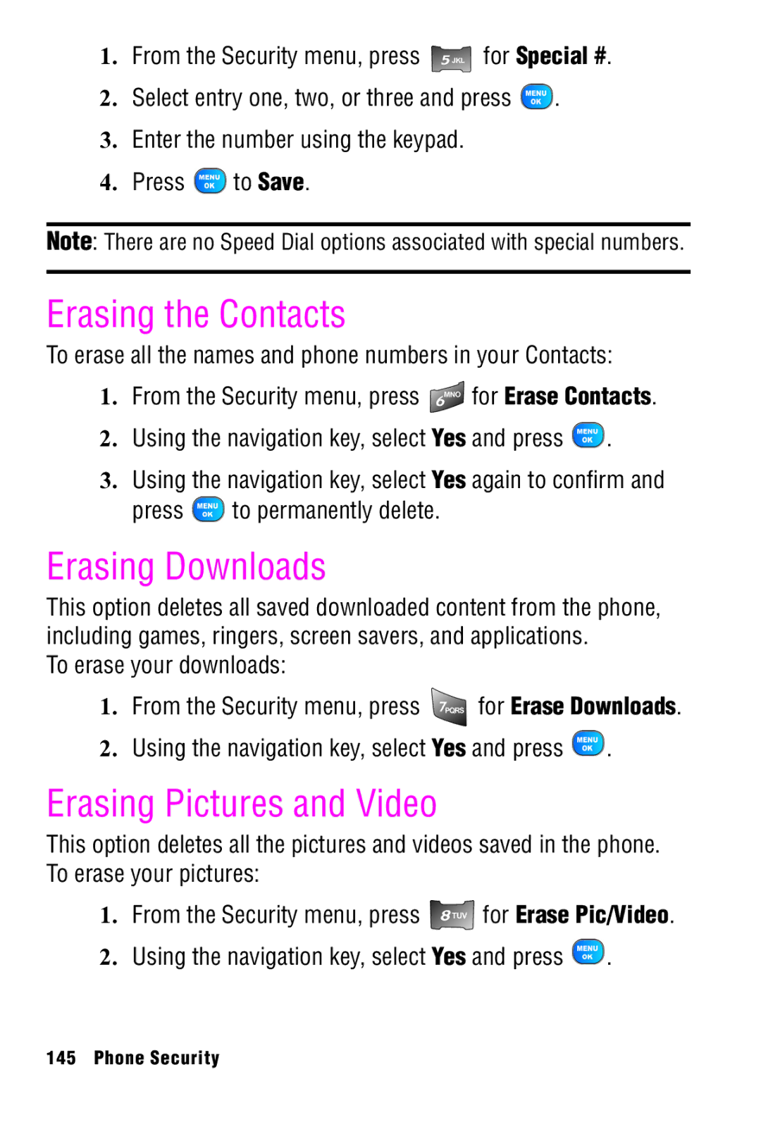 Samsung SPH-A920 manual Erasing the Contacts, Erasing Downloads, Erasing Pictures and Video 