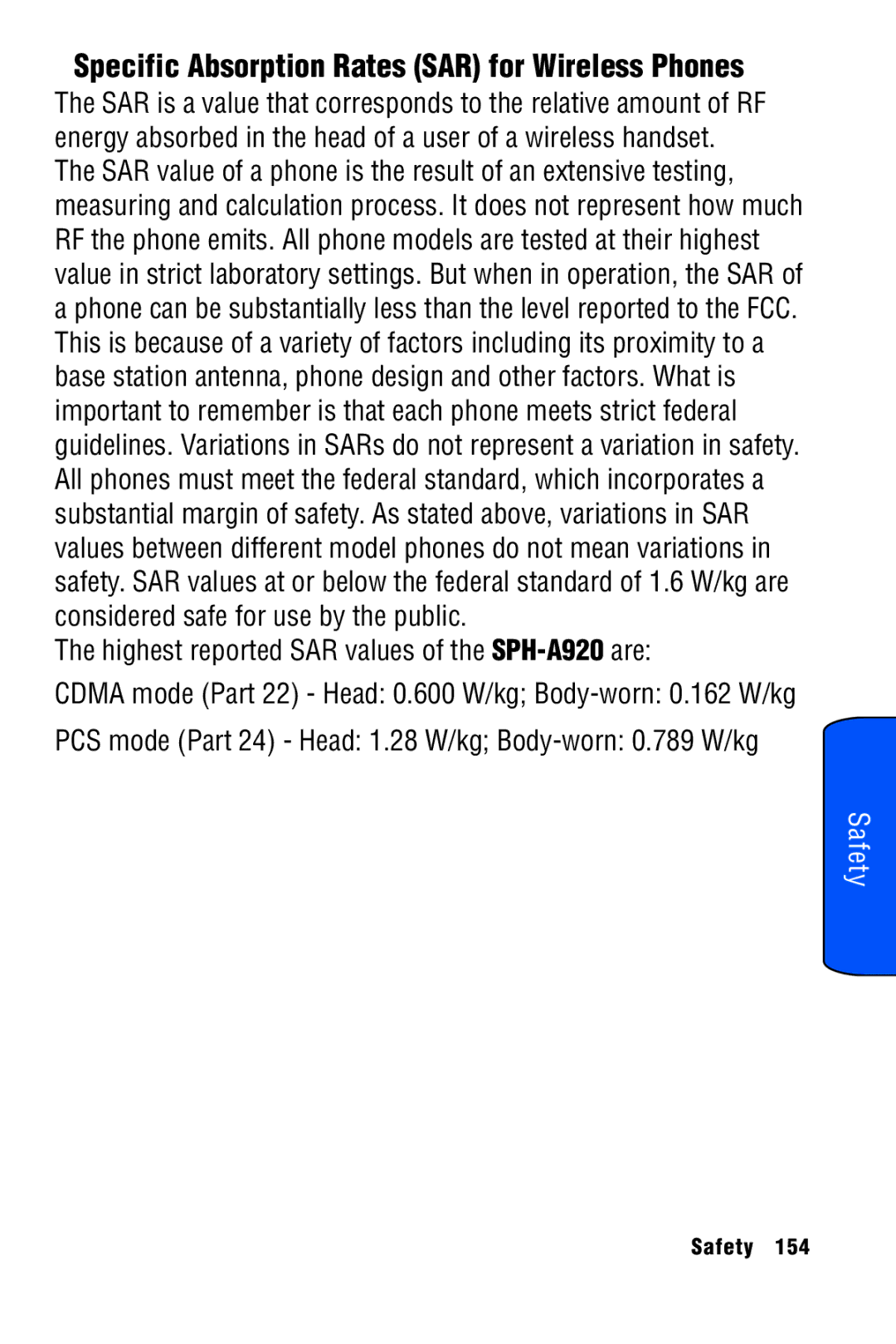 Samsung SPH-A920 manual Specific Absorption Rates SAR for Wireless Phones 