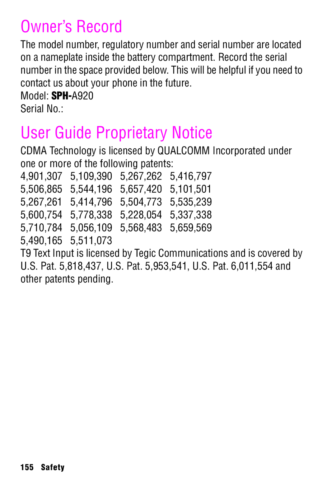 Samsung SPH-A920 manual Owner’s Record, User Guide Proprietary Notice 