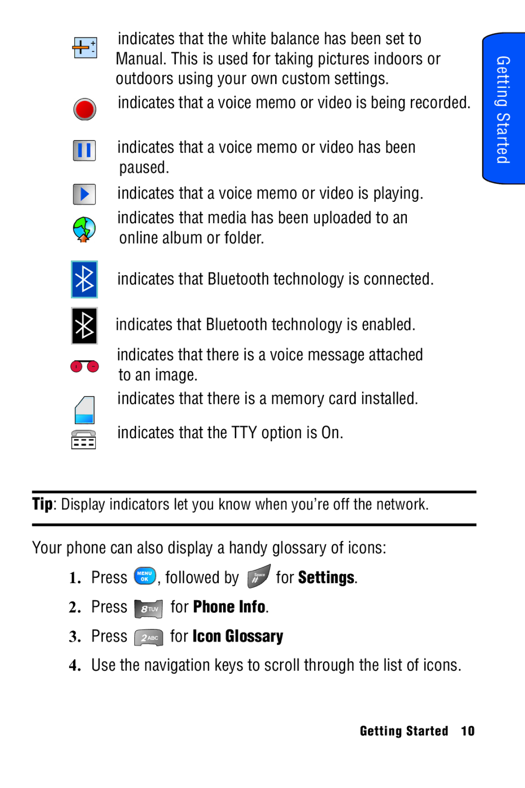 Samsung SPH-A920 manual Press for Icon Glossary 