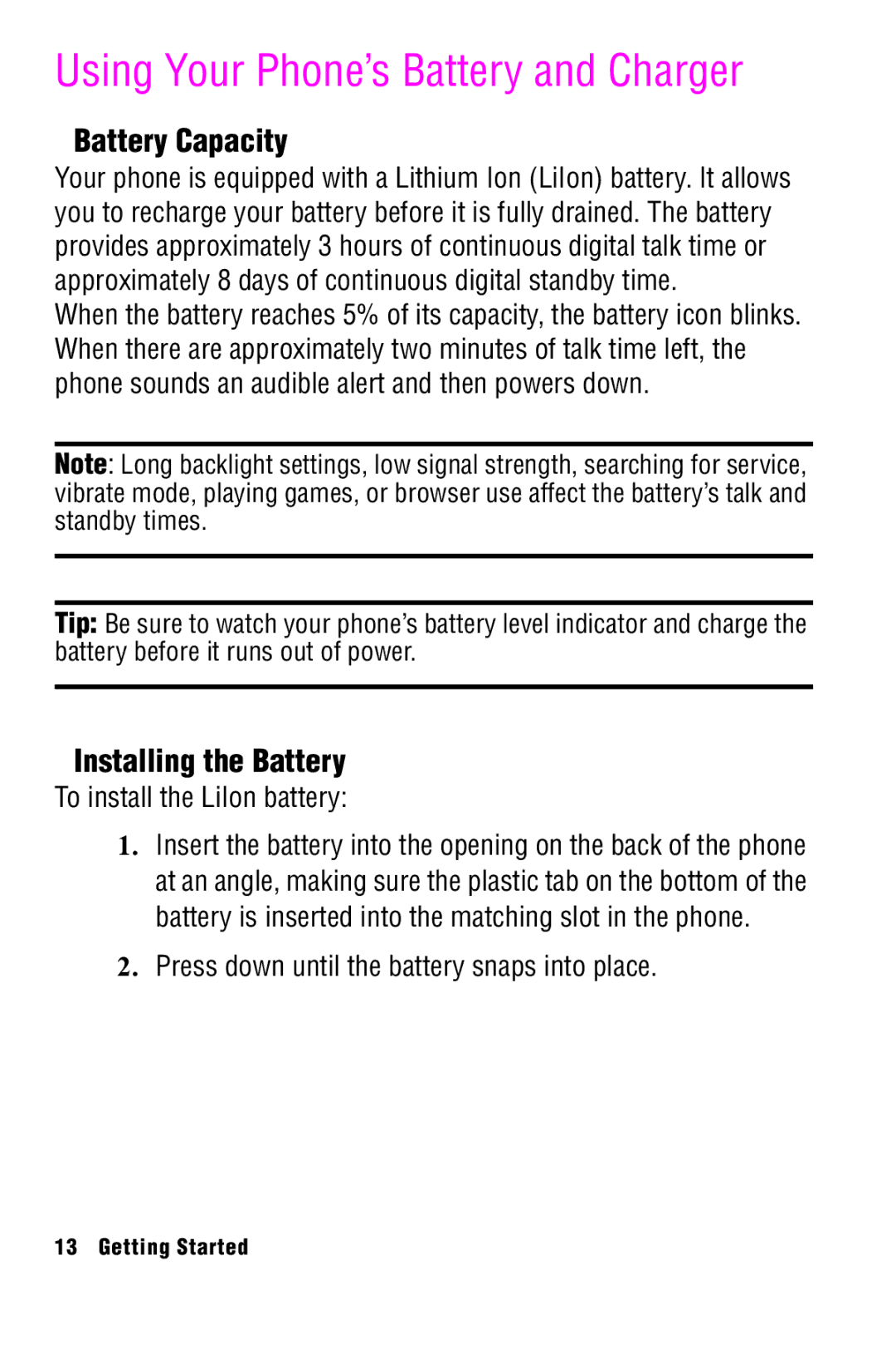 Samsung SPH-A920 manual Using Your Phone’s Battery and Charger, Battery Capacity, Installing the Battery 