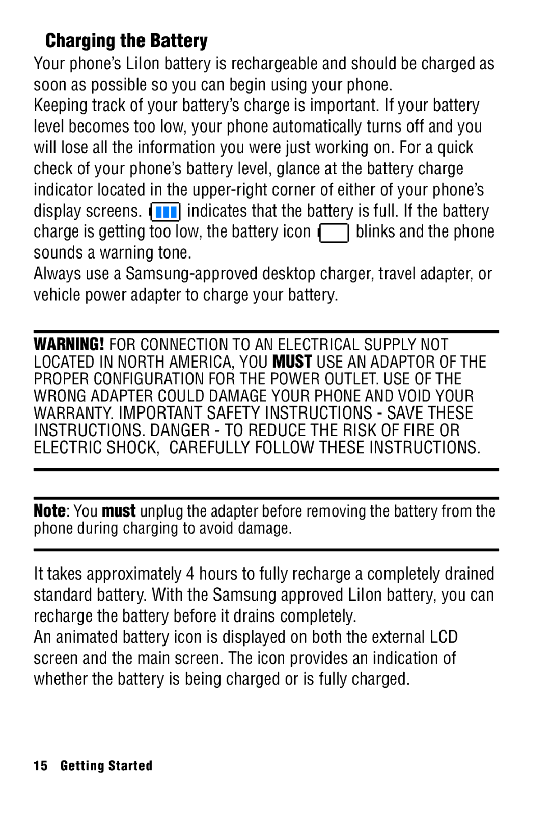 Samsung SPH-A920 manual Charging the Battery 