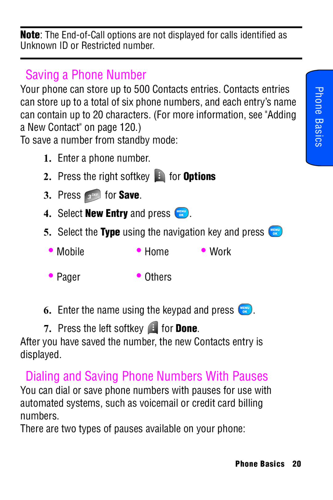 Samsung SPH-A920 manual Saving a Phone Number, Dialing and Saving Phone Numbers With Pauses 