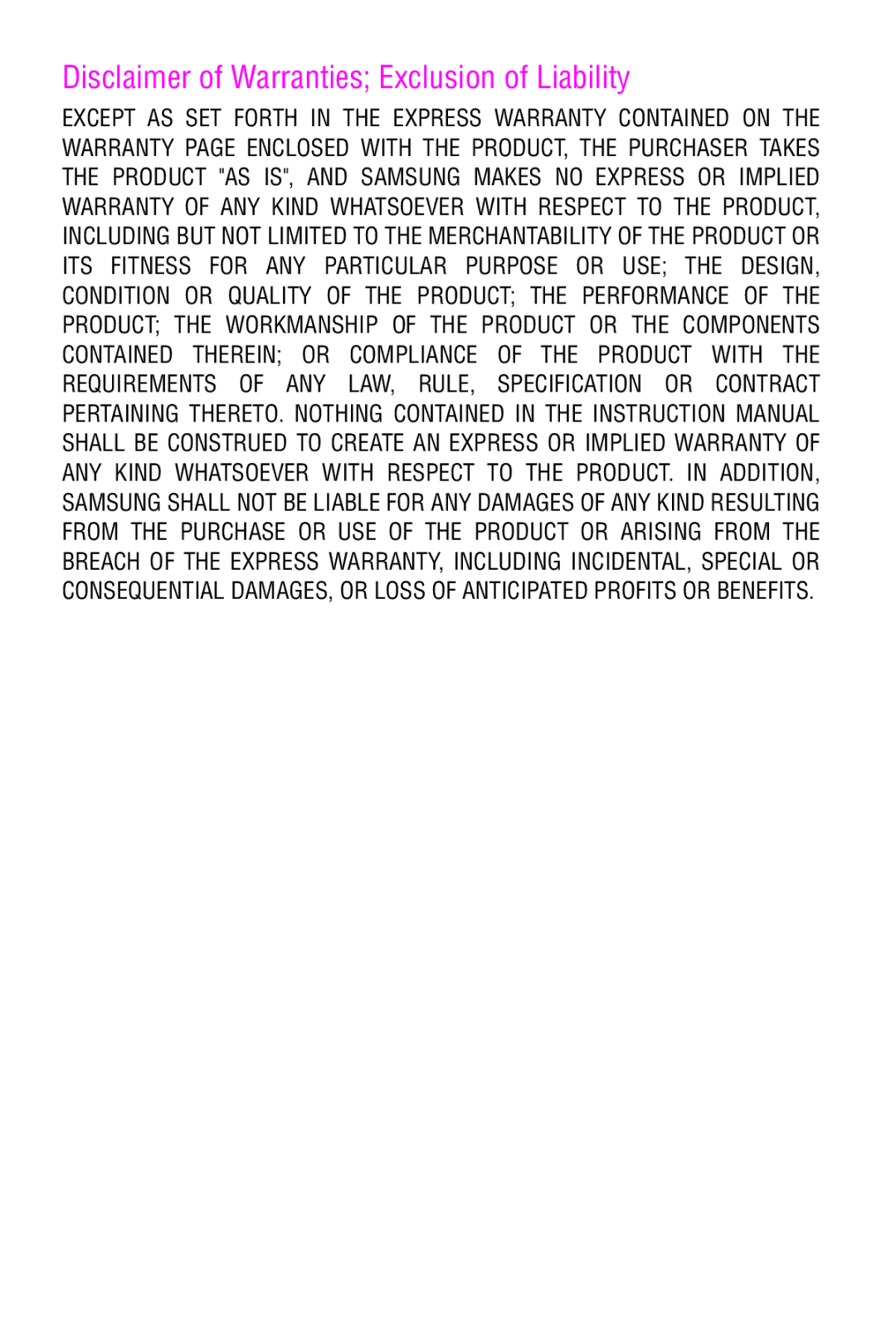 Samsung SPH-A920 manual Disclaimer of Warranties Exclusion of Liability 