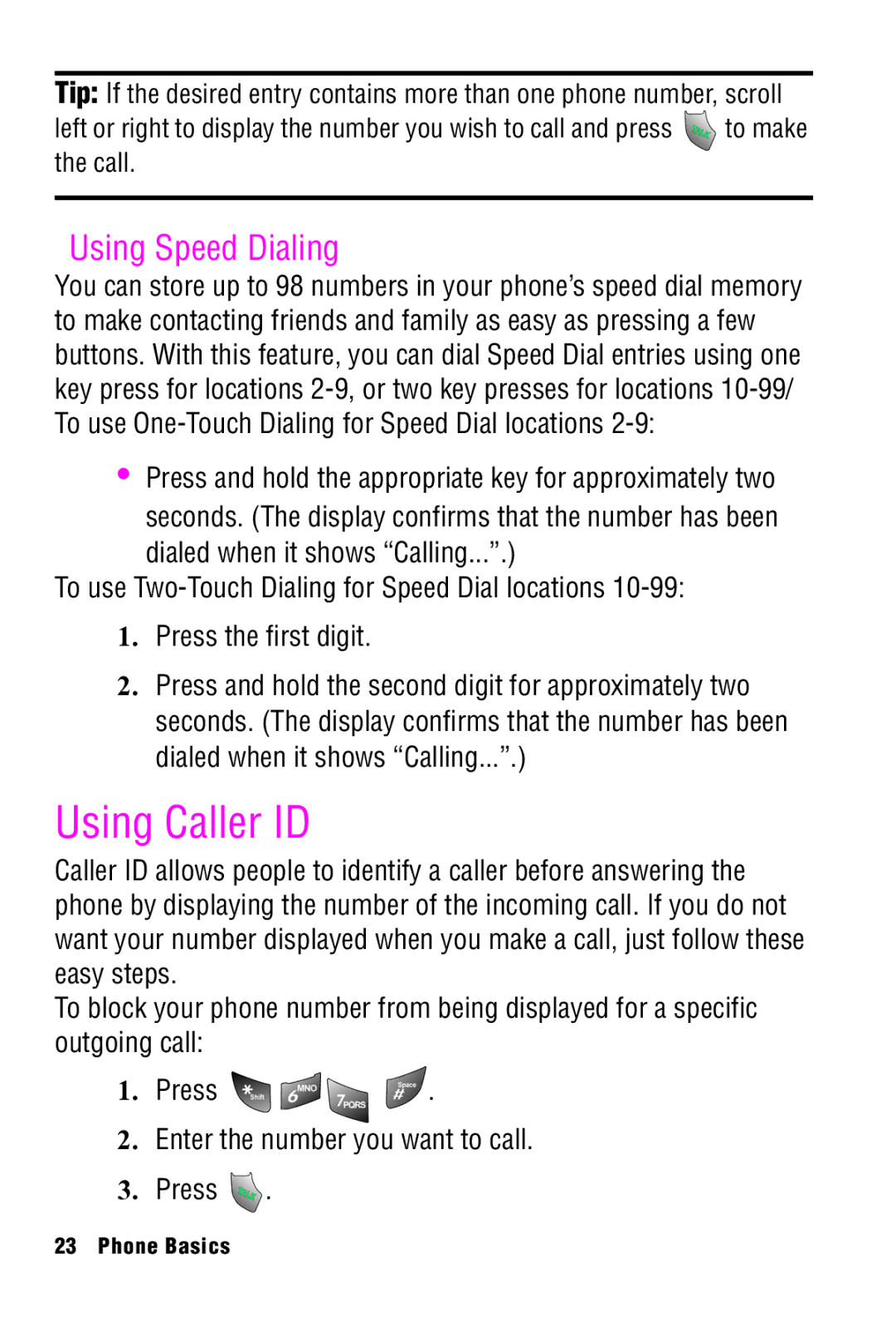 Samsung SPH-A920 manual Using Caller ID, Using Speed Dialing 