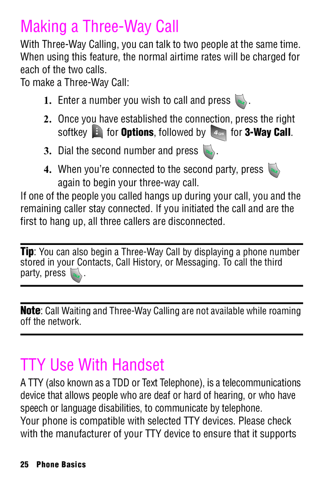 Samsung SPH-A920 manual Making a Three-Way Call, TTY Use With Handset 