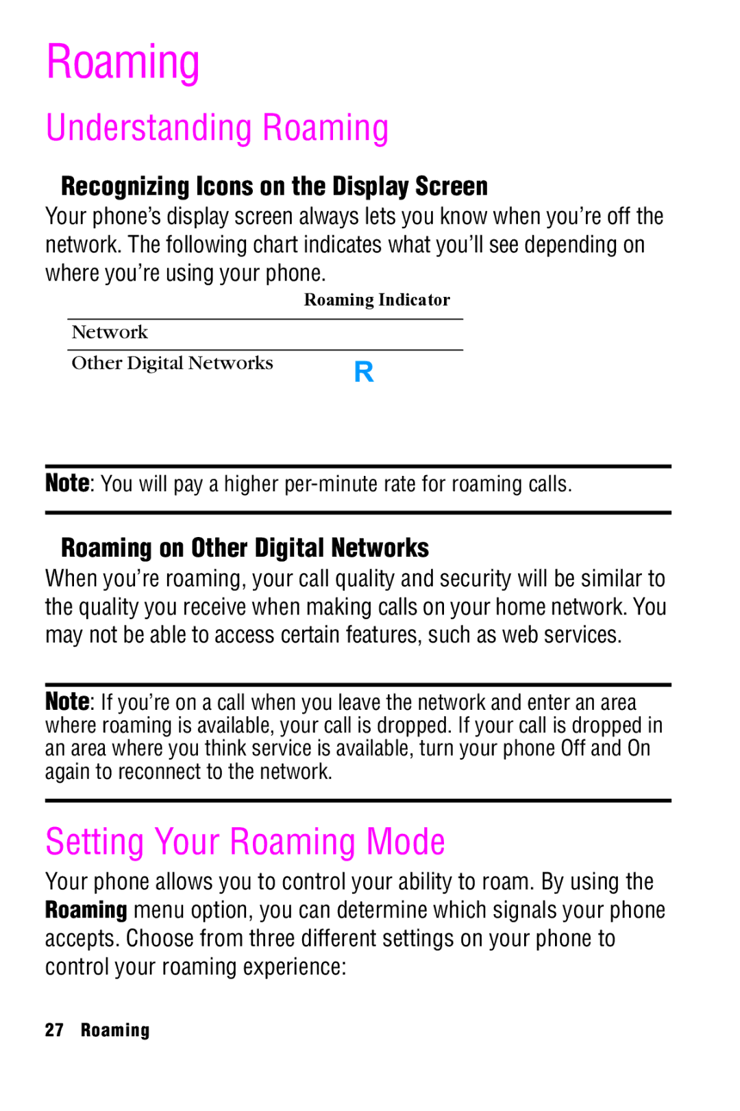 Samsung SPH-A920 manual Understanding Roaming, Setting Your Roaming Mode, Recognizing Icons on the Display Screen 