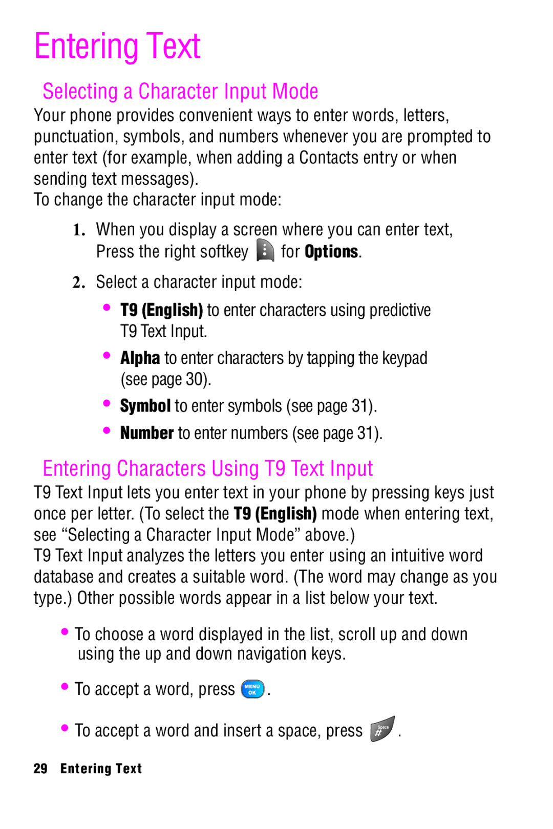 Samsung SPH-A920 manual Entering Text, Selecting a Character Input Mode, Entering Characters Using T9 Text Input 