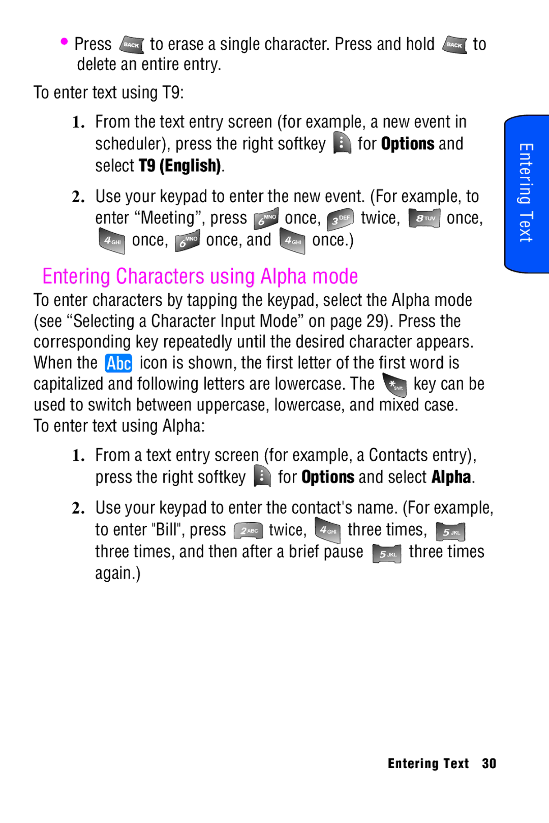 Samsung SPH-A920 manual Entering Characters using Alpha mode, Enter Meeting, press once, twice, once Once, once, and once 