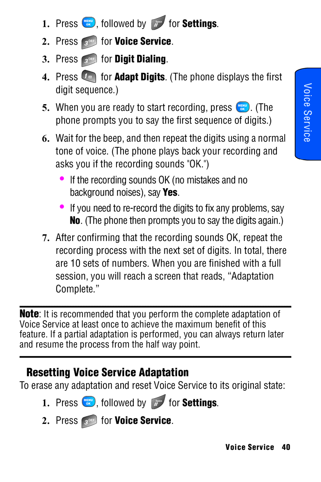 Samsung SPH-A920 manual Resetting Voice Service Adaptation, Press for Voice Service Press for Digit Dialing 