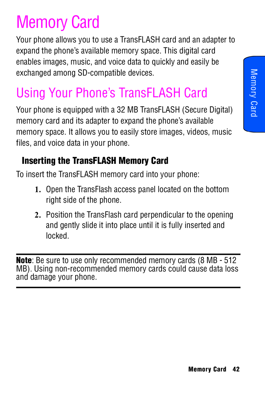 Samsung SPH-A920 manual Using Your Phone’s TransFLASH Card, Inserting the TransFLASH Memory Card 