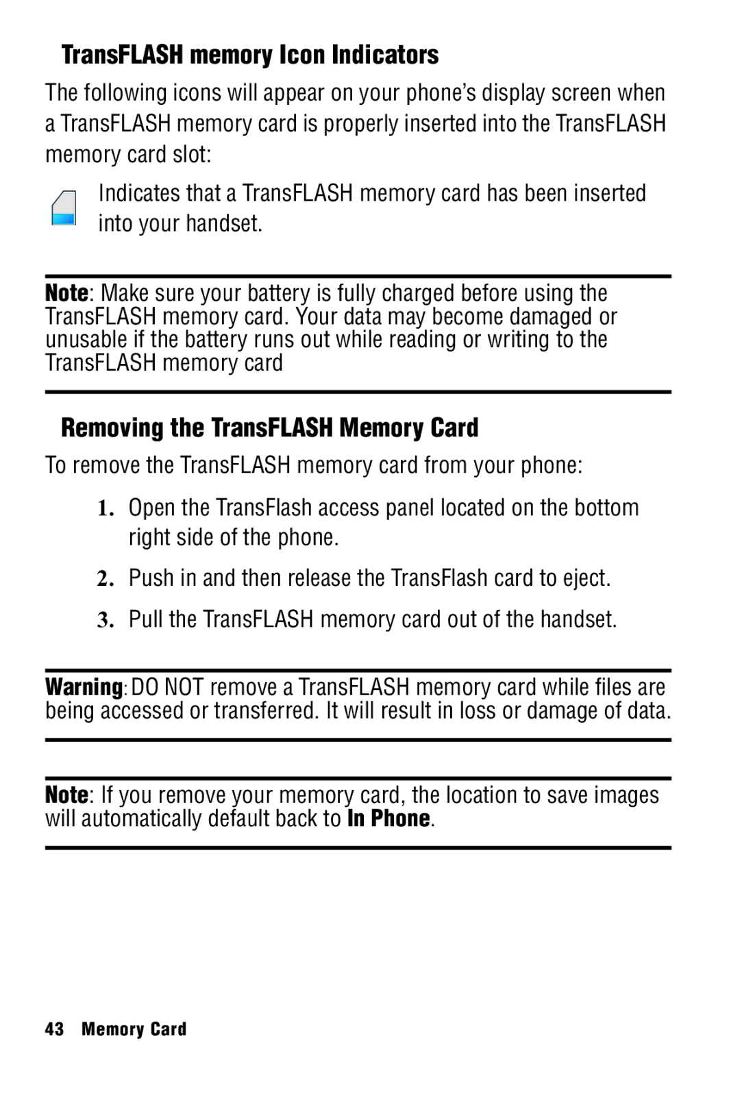 Samsung SPH-A920 manual TransFLASH memory Icon Indicators, Removing the TransFLASH Memory Card 