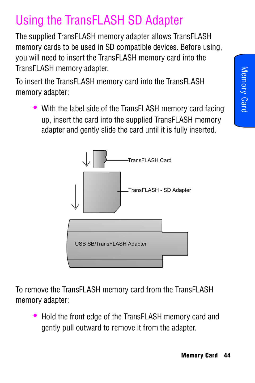 Samsung SPH-A920 manual Using the TransFLASH SD Adapter 