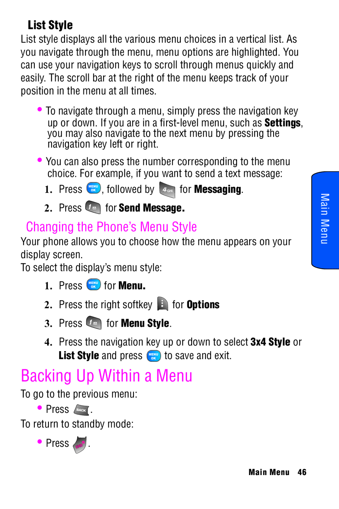 Samsung SPH-A920 manual Backing Up Within a Menu, Changing the Phone’s Menu Style, List Style 