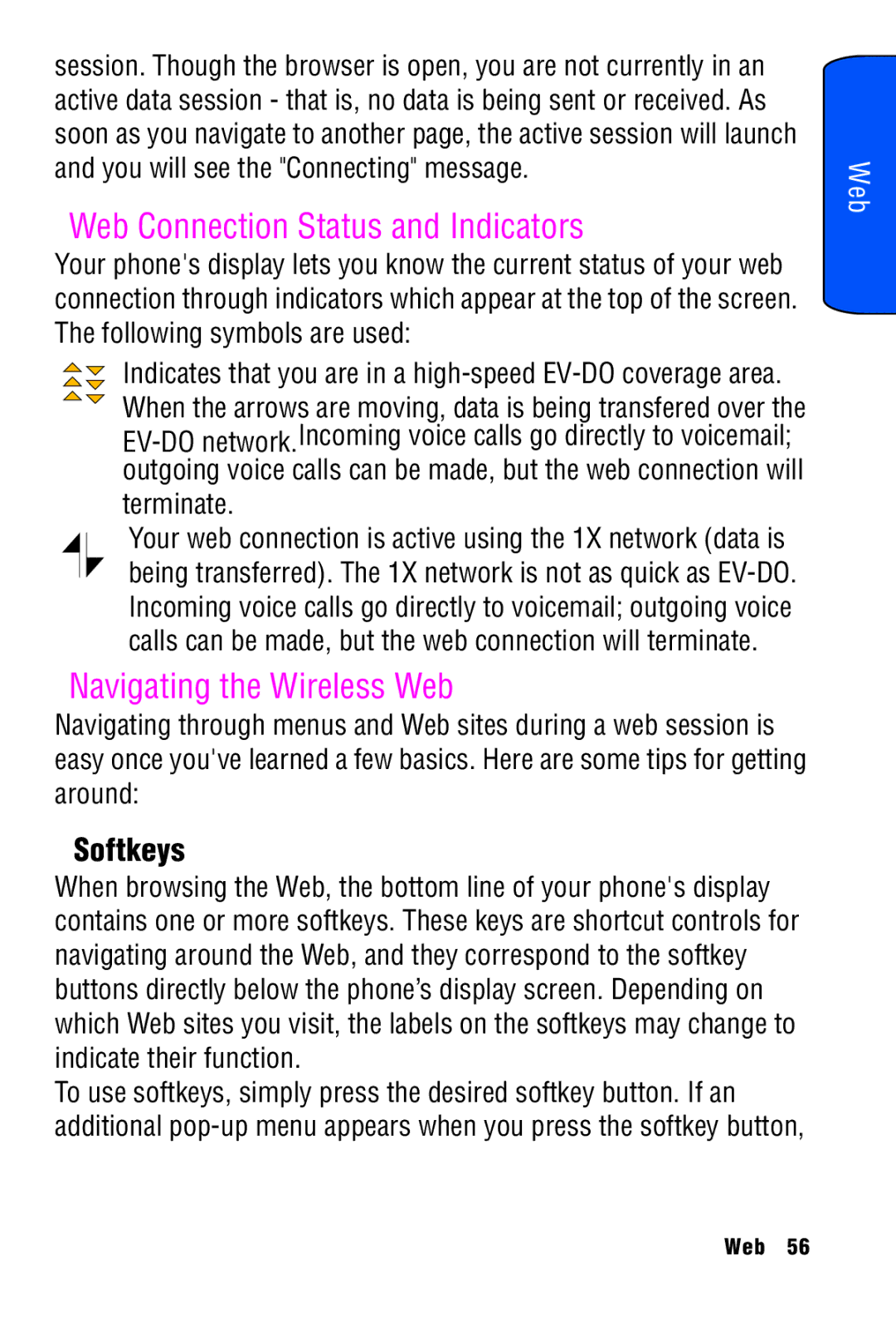 Samsung SPH-A920 manual Web Connection Status and Indicators, Navigating the Wireless Web, Softkeys, Terminate 